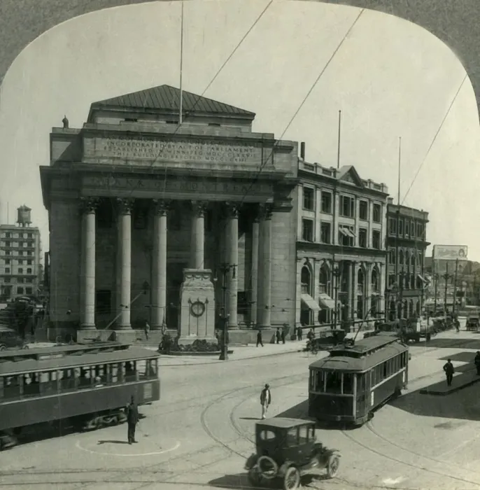 Framed Print : Bank of Montreal and Monument, Corner Main and Portage Sts. Winnipeg, Man. Canada, c1930s Framed Print : Bank of Montreal and Monument, Corner Main and Portage Sts. Winnipeg, Man. Canada, c1930s