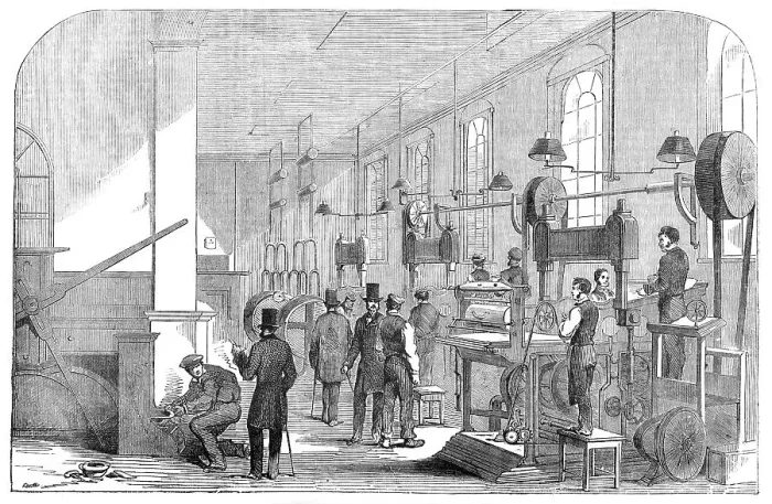 Framed Print : The Bank-Note Printing-Room, at the Bank of England, 1854. Creator: Unknown Framed Print : The Bank-Note Printing-Room, at the Bank of England, 1854. Creator: Unknown