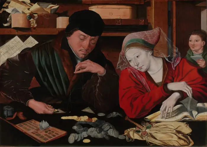 Framed Print : The Banker and his Wife, 1540. Creator: Marinus van Reymerswaele Framed Print : The Banker and his Wife, 1540. Creator: Marinus van Reymerswaele