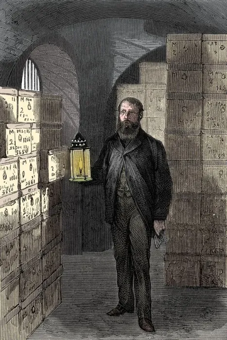 Framed Print : Banknote store in the vaults of the Bank of England, c1870