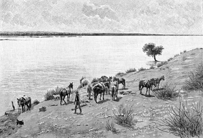 Framed Print : The banks of the Rio Neuquen, Argentina, 1895. Artist: Alfred Paris