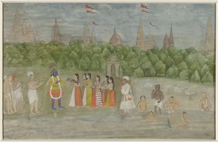 Framed Print : On the banks of the Yamuna in Brindaban, Krishna dances with the Gopis, 1800-1825. Creator: Anon Framed Print : On the banks of the Yamuna in Brindaban, Krishna dances with the Gopis, 1800-1825. Creator: Anon