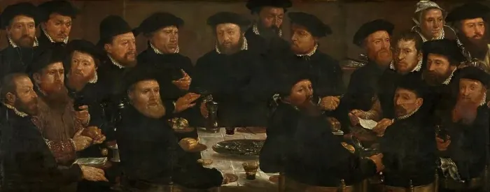 Framed Print : Banquet of Eighteen Guardsmen of Squad L, Amsterdam 1566, known as The Perch Eaters, 1566. Creator: Dirck Barendsz Framed Print : Banquet of Eighteen Guardsmen of Squad L, Amsterdam 1566, known as The Perch Eaters, 1566. Creator: Dirck Barendsz
