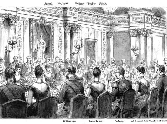 Framed Print : The Banquet Given by Sir Edward and Lady Ermyntrude Malet at the British Embassy, 1890. Creator: Unknown Framed Print : The Banquet Given by Sir Edward and Lady Ermyntrude Malet at the British Embassy, 1890. Creator: Unknown