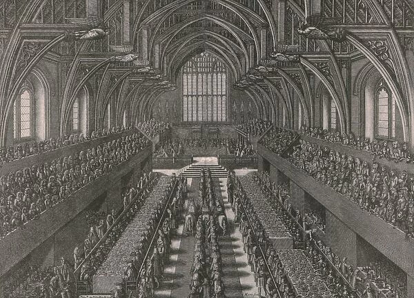 The banquet in the Great Hall at the Palace of Westminster... coronation of James II in 1685, (1902)