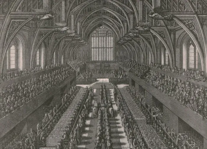Framed Print : The banquet in the Great Hall at the Palace of Westminster... coronation of James II in 1685, (1902) Framed Print : The banquet in the Great Hall at the Palace of Westminster... coronation of James II in 1685, (1902)