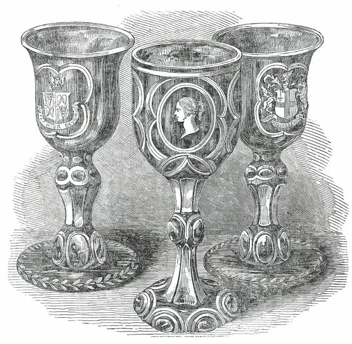 Framed Print : The Banquet in the Guildhall at York - Cups used by the Lord Mayor... 1850. Creator: Unknown Framed Print : The Banquet in the Guildhall at York - Cups used by the Lord Mayor... 1850. Creator: Unknown