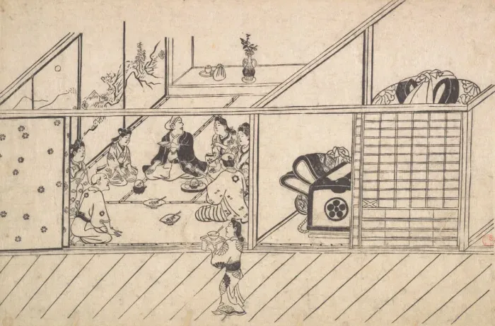 Framed Print : A Banquet in a Joroya, ca. 1680. Creator: Hishikawa Moronobu Framed Print : A Banquet in a Joroya, ca. 1680. Creator: Hishikawa Moronobu