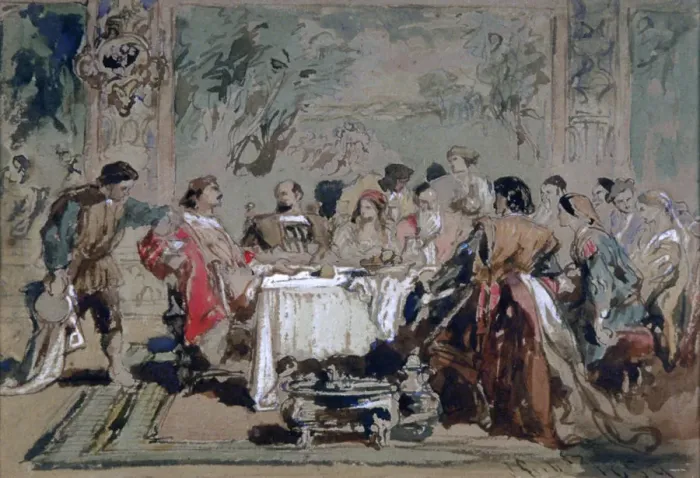 Framed Print : Banquet at Lucentios house, 1859. Artist: Sir John Gilbert Framed Print : Banquet at Lucentios house, 1859. Artist: Sir John Gilbert