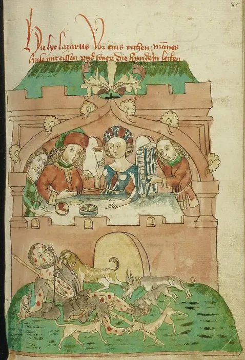 Framed Print : The Banquet of the Rich Man with Lazarus Outside Attacked by Dogs; Barlaam und Josaphat, 1469. Creators: Hans Schilling, Diebolt Lauber Framed Print : The Banquet of the Rich Man with Lazarus Outside Attacked by Dogs; Barlaam und Josaphat, 1469. Creators: Hans Schilling, Diebolt Lauber