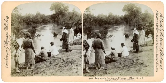 Framed Print : Baptising in the River Jordan, Palestine, 1896. Artist: Underwood & Underwood Framed Print : Baptising in the River Jordan, Palestine, 1896. Artist: Underwood & Underwood