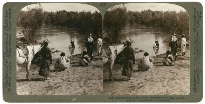 Framed Print : Baptising in the River Jordan, Palestine, 1903. Artist: Underwood & Underwood Framed Print : Baptising in the River Jordan, Palestine, 1903. Artist: Underwood & Underwood