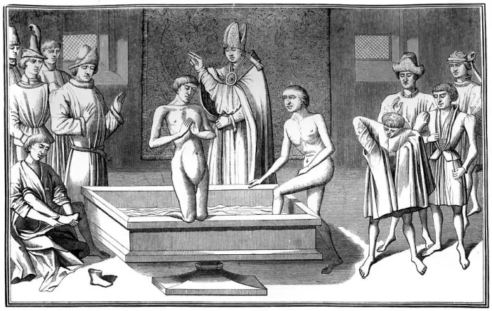 Framed Print : Baptism, 15th century (1849). Artist: A Bisson Framed Print : Baptism, 15th century (1849). Artist: A Bisson