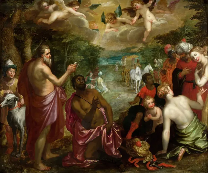 Framed Print : The Baptism of the Chamberlain of Queen Candace of Ethiopia. Creators: Hendrick van Balen I, Jan Brueghel the Younger Framed Print : The Baptism of the Chamberlain of Queen Candace of Ethiopia. Creators: Hendrick van Balen I, Jan Brueghel the Younger