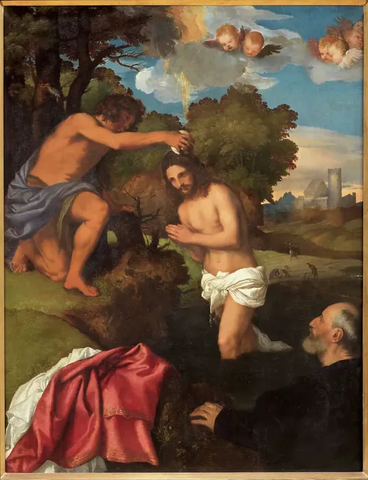 Framed Print : The Baptism of Christ, 1511-1512. Creator: Titian (1488-1576) Framed Print : The Baptism of Christ, 1511-1512. Creator: Titian (1488-1576)