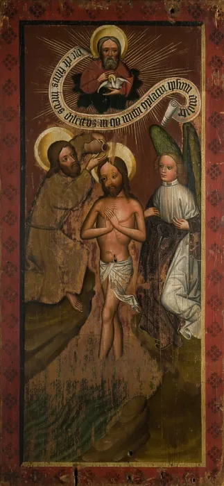 Framed Print : Baptism of Christ. Altar Retable Wing (?) from Chelmiec, between 1440-1465. Creator: Unknown Framed Print : Baptism of Christ. Altar Retable Wing (?) from Chelmiec, between 1440-1465. Creator: Unknown