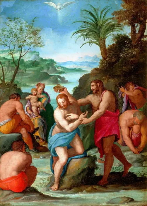 Framed Print : The Baptism of Christ, c. 1570. Creator: Allori, Alessandro (1535-1607) Framed Print : The Baptism of Christ, c. 1570. Creator: Allori, Alessandro (1535-1607)
