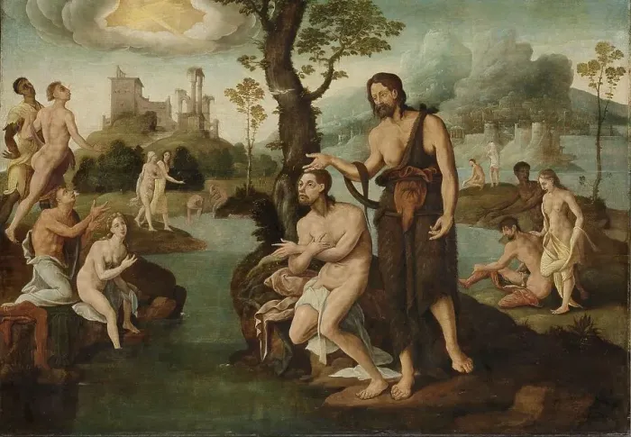 Framed Print : The baptism of Christ, c.1560-c.1565. Creator: Circle of Maarten van Heemskerck Framed Print : The baptism of Christ, c.1560-c.1565. Creator: Circle of Maarten van Heemskerck