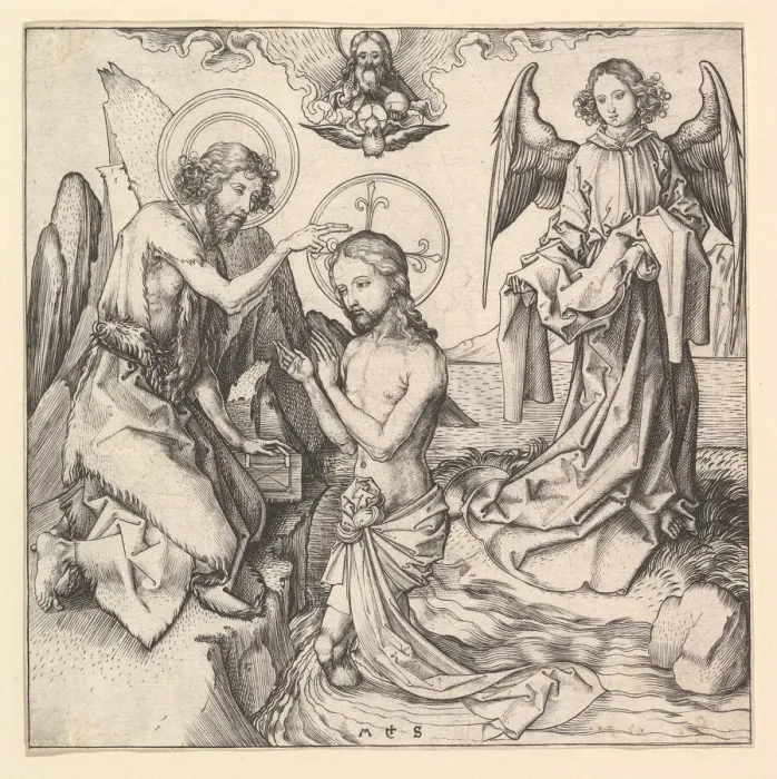Framed Print : Baptism of Christ, ca. 1470-1474. Creator: Martin Schongauer Framed Print : Baptism of Christ, ca. 1470-1474. Creator: Martin Schongauer