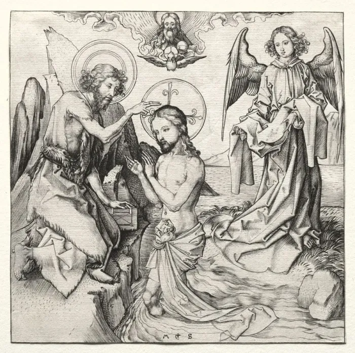 Framed Print : The Baptism of Christ in the Jordan, c. 1480-90. Creator: Martin Schongauer (German, c Framed Print : The Baptism of Christ in the Jordan, c. 1480-90. Creator: Martin Schongauer (German, c