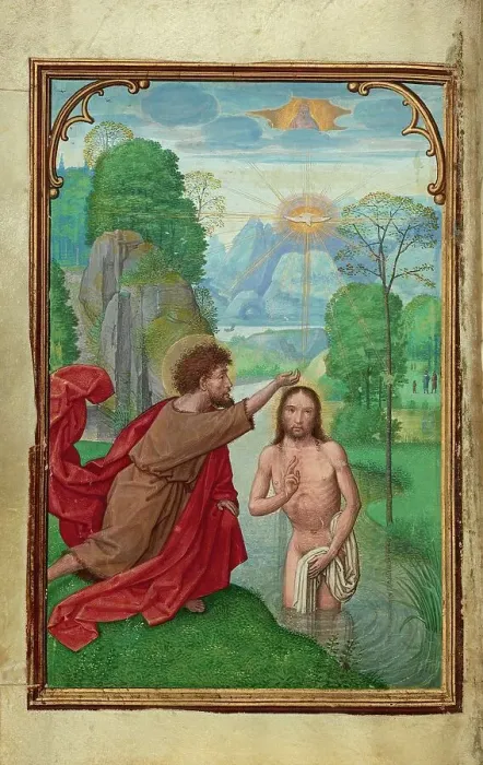 Framed Print : The Baptism of Christ; Prayer Book of Cardinal Albrecht of Brandenburg, about 1525-1530. Creator: Simon Bening
