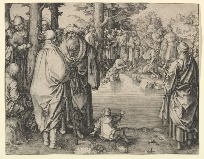 Framed Print : The Baptism of Christ in the River Jordan, ca. 1510. Creator: Lucas van Leyden Framed Print : The Baptism of Christ in the River Jordan, ca. 1510. Creator: Lucas van Leyden