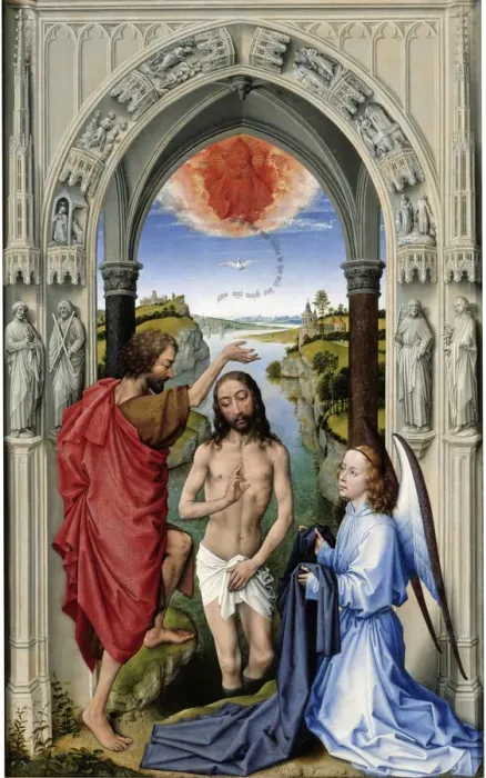 Framed Print : The Baptism of Christ (The Altar of St. John, middle panel), ca 1455. Artist: Weyden, Rogier, van der (ca. 1399-1464) Framed Print : The Baptism of Christ (The Altar of St. John, middle panel), ca 1455. Artist: Weyden, Rogier, van der (ca. 1399-1464)