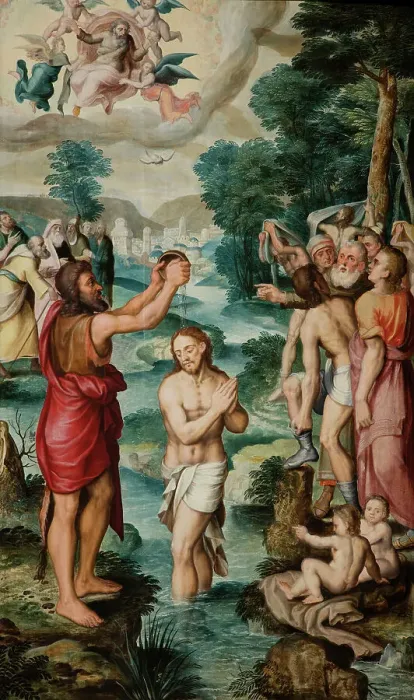 Framed Print : The Baptism of Christ (Triptych, left side panel), 1560. Creator: Robionoy, Jean de (active Mid of the 16th cen.) Framed Print : The Baptism of Christ (Triptych, left side panel), 1560. Creator: Robionoy, Jean de (active Mid of the 16th cen.)