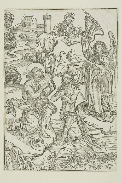 Framed Print : The Baptism of Christ (verso); The Circumcision of Christ (recto), pages 34 and 33... 1491. Creator: Michael Wolgemut