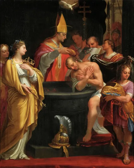 Framed Print : The baptism of Clovis, 1676. Creator: Hellart (Hélart), Jean (1618-1685) Framed Print : The baptism of Clovis, 1676. Creator: Hellart (Hélart), Jean (1618-1685)