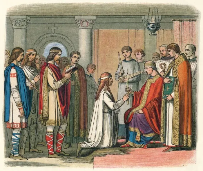 Framed Print : Baptism of King Guthorm, 878 (1864). Artist: James William Edmund Doyle Framed Print : Baptism of King Guthorm, 878 (1864). Artist: James William Edmund Doyle