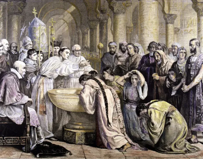 Framed Print : Baptism of the Moorish of Granada in 1500, copy of the painting of Edwin Long Framed Print : Baptism of the Moorish of Granada in 1500, copy of the painting of Edwin Long