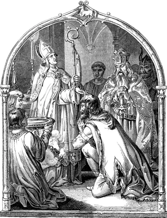 Framed Print : Baptism of Saxon leader Widukind (Illustration from the Geschichte des deutschen Volkes by E. Duller), 1840. Artist: Kirchhoff, Johann Jakob (1796-1848) Framed Print : Baptism of Saxon leader Widukind (Illustration from the Geschichte des deutschen Volkes by E. Duller), 1840. Artist: Kirchhoff, Johann Jakob (1796-1848)