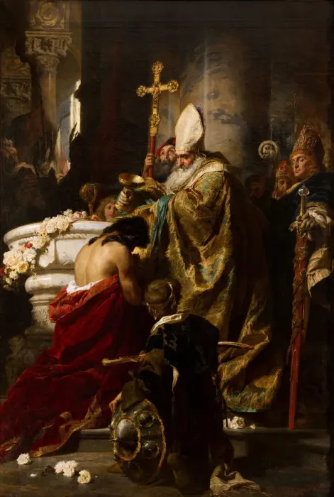 Framed Print : The Baptism of Vajk, 1875. Creator: Benczur, Gyula (1844-1920) Framed Print : The Baptism of Vajk, 1875. Creator: Benczur, Gyula (1844-1920)
