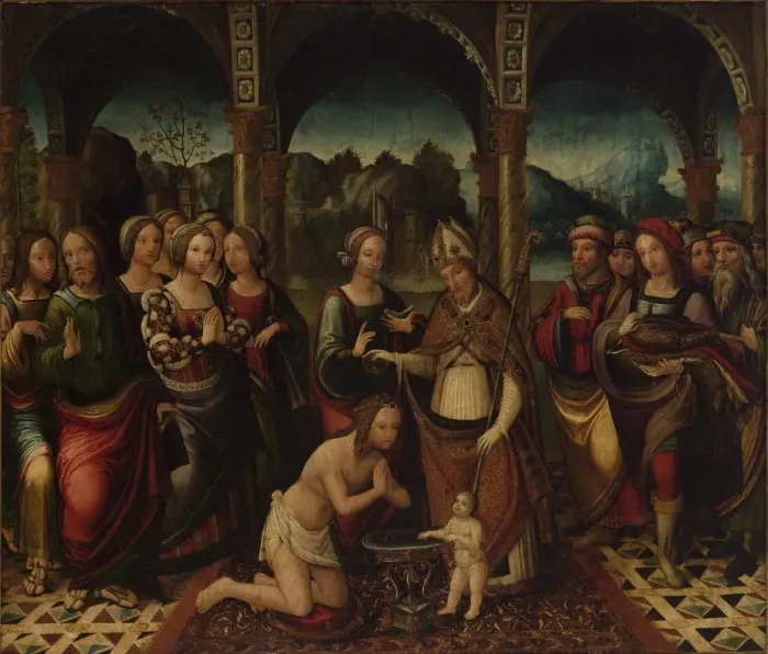 Framed Print : Baptismal Ceremony, End of 16th cen Artist: Aspertini, Amico (1474-1552) Framed Print : Baptismal Ceremony, End of 16th cen Artist: Aspertini, Amico (1474-1552)
