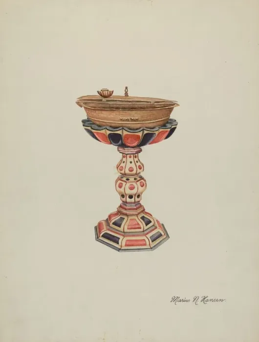 Framed Print : Baptismal Font & Stand, c. 1939. Creator: Marius Hansen Framed Print : Baptismal Font & Stand, c. 1939. Creator: Marius Hansen
