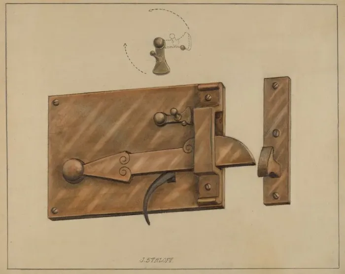 Framed Print : Bar Latch, c. 1936. Creator: Jack Staloff