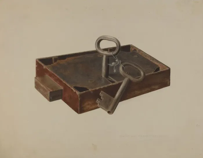 Framed Print : Bar Lock and Keys, 1940. Creator: Alexander Anderson Framed Print : Bar Lock and Keys, 1940. Creator: Alexander Anderson