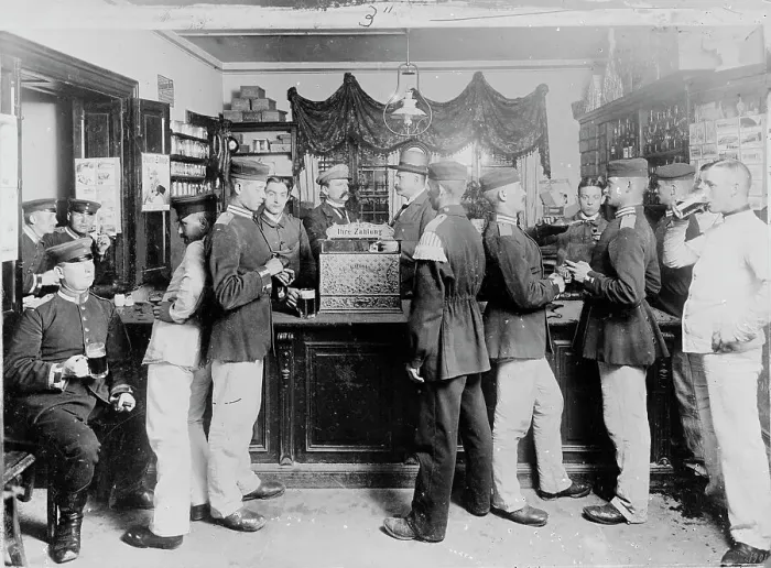 Framed Print : Bar with soldiers, Germany, between 1895 and 1910. Creator: Unknown Framed Print : Bar with soldiers, Germany, between 1895 and 1910. Creator: Unknown