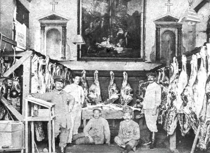 Framed Print : Barbarie; Les methodes Allemandes; Une chapelle du Nord convertie en boucherie militaire... 1914. Creator: Unknown Framed Print : Barbarie; Les methodes Allemandes; Une chapelle du Nord convertie en boucherie militaire... 1914. Creator: Unknown