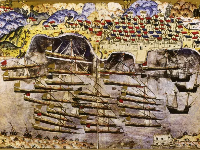 Framed Print : Barbarossas fleet wintering in the French harbour of Toulon, 1543, Mid of 16th century. Artist: Nasuh, Matrakci (1480-c. 1564) Framed Print : Barbarossas fleet wintering in the French harbour of Toulon, 1543, Mid of 16th century. Artist: Nasuh, Matrakci (1480-c. 1564)