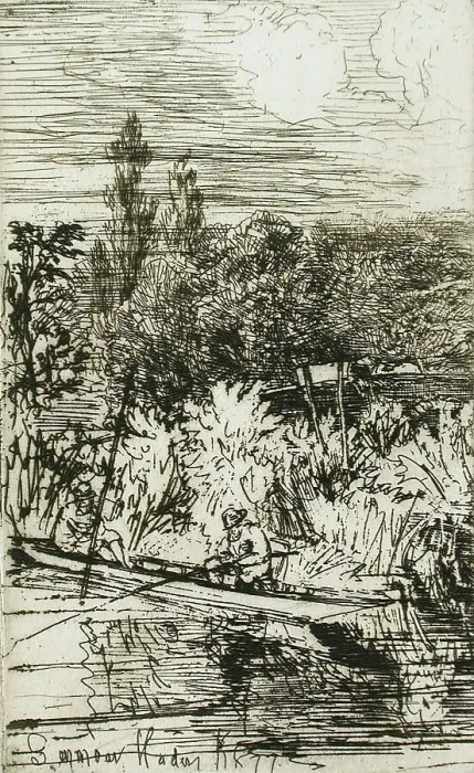Framed Print : Barbel Fishing, 1865. Creator: Francis Seymour Haden Framed Print : Barbel Fishing, 1865. Creator: Francis Seymour Haden