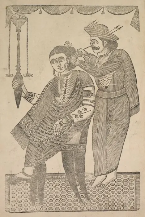Framed Print : A Barber Cleaning the Ear of a Courtesan, 1800s. Creator: Shri Gobinda Chandra Roy Framed Print : A Barber Cleaning the Ear of a Courtesan, 1800s. Creator: Shri Gobinda Chandra Roy