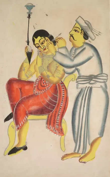 Framed Print : Barber Cleaning a Womans Ear, 1800s. Creator: Unknown