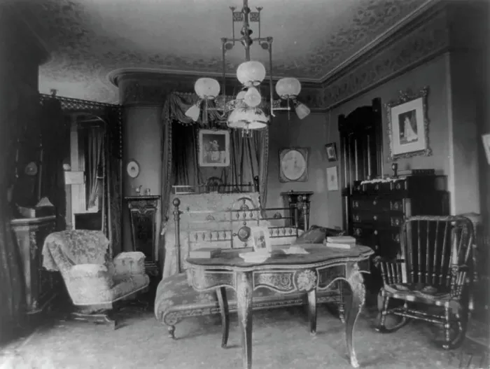Framed Print : Barber house, Washington, D.C. - bedroom, between 1890 and 1950. Creator: Frances Benjamin Johnston Framed Print : Barber house, Washington, D.C. - bedroom, between 1890 and 1950. Creator: Frances Benjamin Johnston