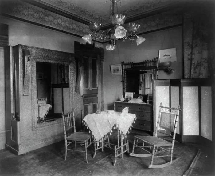Framed Print : Barber house, Washington, D.C. - bedroom, between 1890 and 1950. Creator: Frances Benjamin Johnston Framed Print : Barber house, Washington, D.C. - bedroom, between 1890 and 1950. Creator: Frances Benjamin Johnston