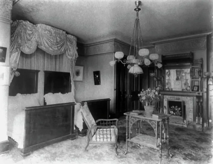 Framed Print : Barber house, Washington, D.C. - bedroom, between 1890 and 1950. Creator: Frances Benjamin Johnston Framed Print : Barber house, Washington, D.C. - bedroom, between 1890 and 1950. Creator: Frances Benjamin Johnston