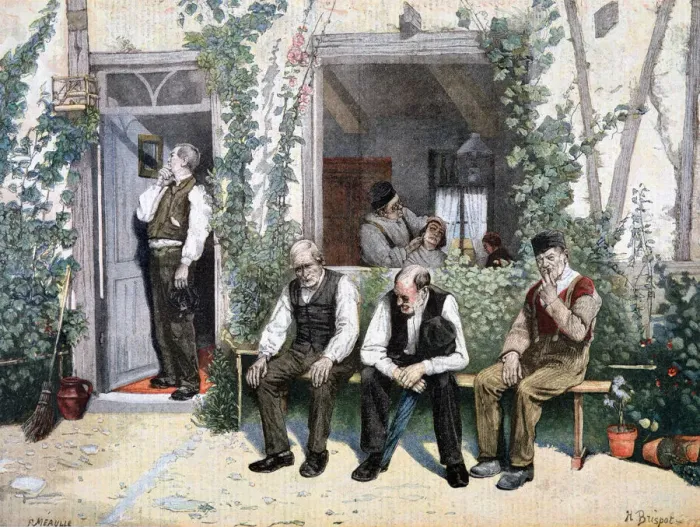 Framed Print : At the Barber s, 1895. Artist: F Meaulle Framed Print : At the Barber s, 1895. Artist: F Meaulle