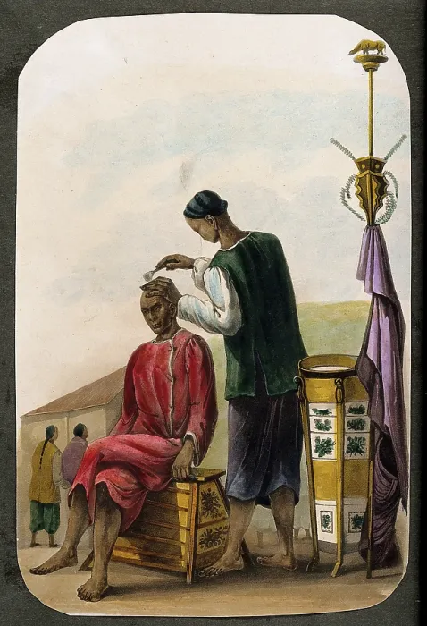 Framed Print : A barber shaving a seated man's head. Creator: Unknown. A barber shaving a seated man's head. Creator: Unknown Framed Print : A barber shaving a seated man's head. Creator: Unknown. A barber shaving a seated man's head. Creator: Unknown