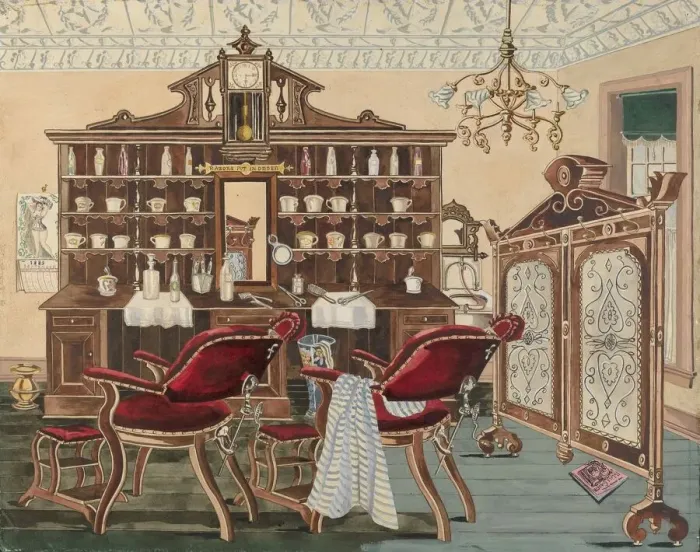 Framed Print : Barber Shop, 1935 / 1942. Creator: Perkins Harnly Framed Print : Barber Shop, 1935 / 1942. Creator: Perkins Harnly
